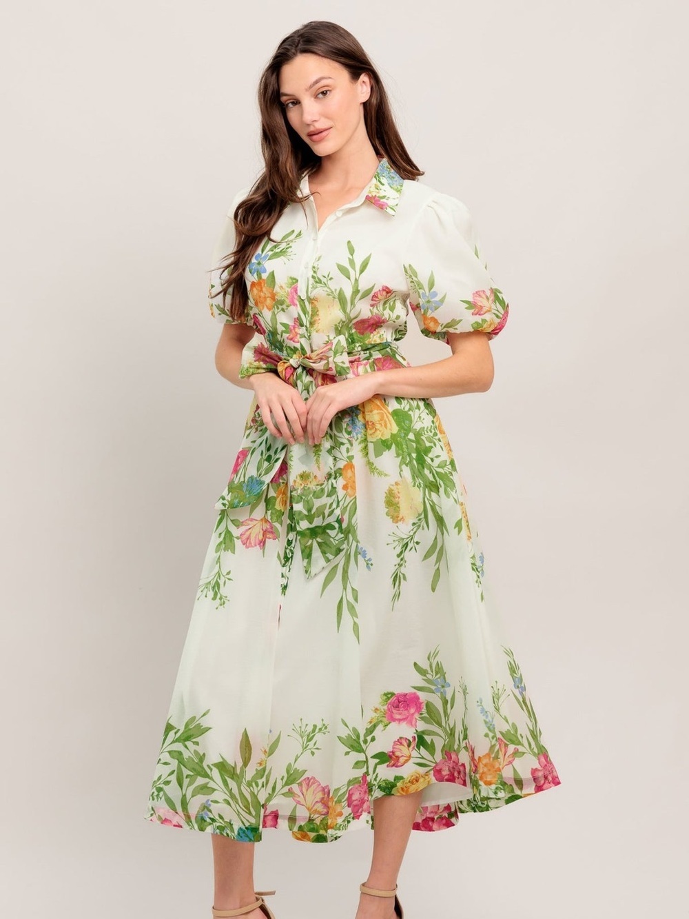 Flying Tomato Midi Floral Tie-Waist Dress in Cream and Green with Bell Sleeves - Picture 6 of 16